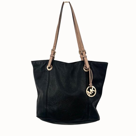 MICHAEL MICHAEL KORS JET SET PEBBLED BLACK TAN LEATHER TOTE BAG PURSE W/ CHARM - Picture 2 of 15